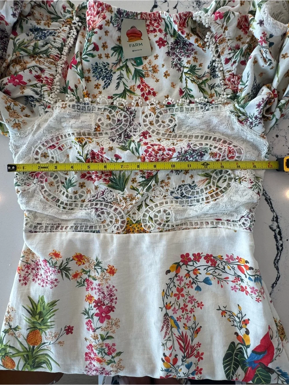 FARM Rio RARE White Floral Lace Dress with Multicolor Tropical Print Size Small
